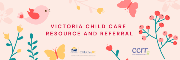 Victoria Child Care Resource and Referral banner with illustrated birds, butterflies and flowers